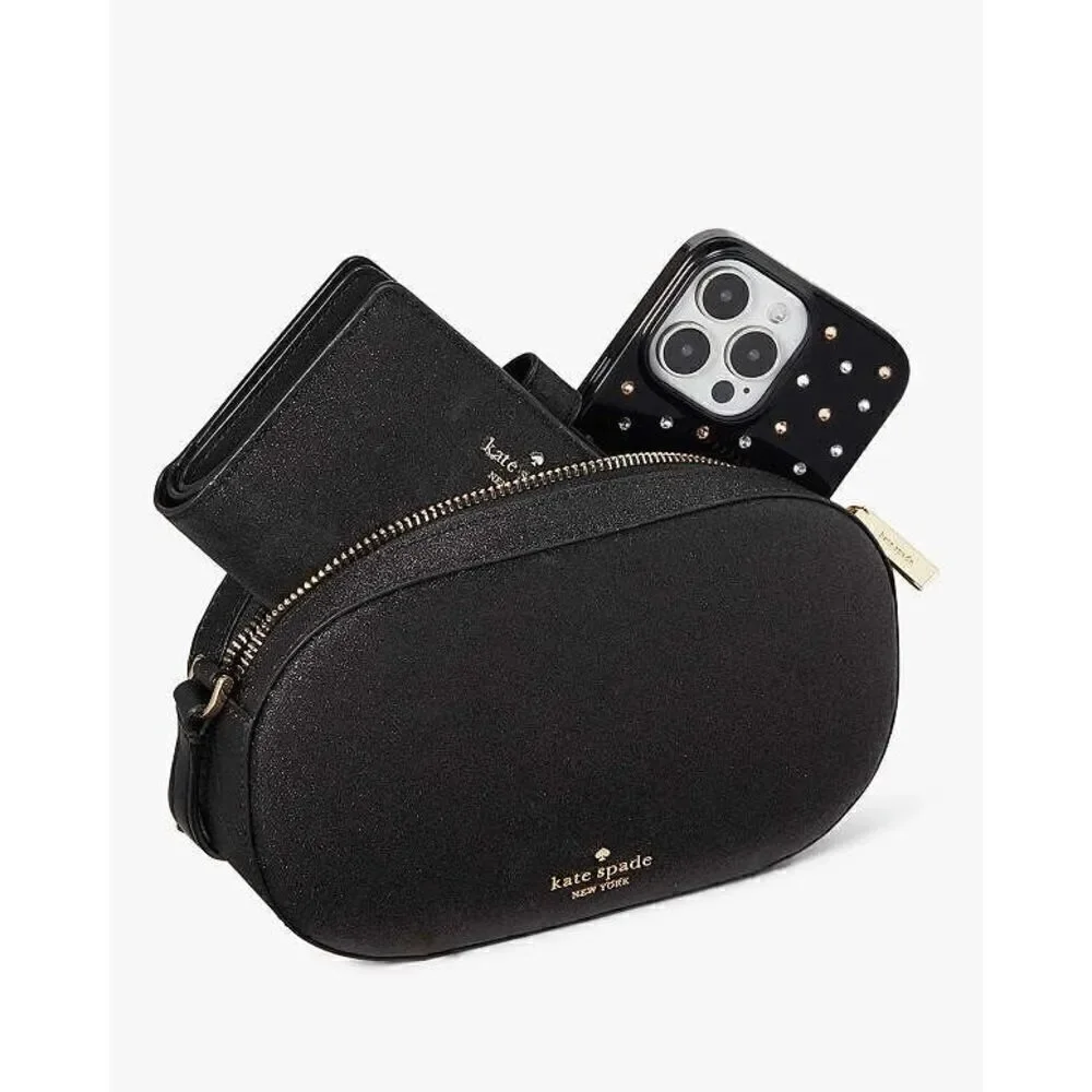 Kate spade Glimmer Oval Camera Bag crossbody purse black glitter new